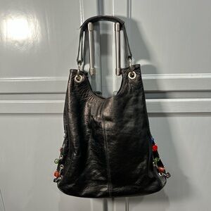 Black Leather Shoulder Bag with Colorful stone Accent charms